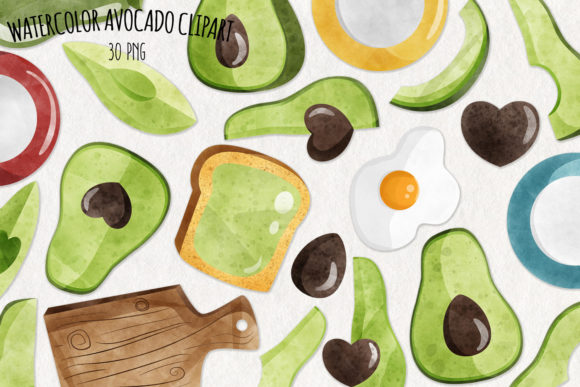 Watercolor Avocado Clipart Set of 30: Graphics & Illustrations
